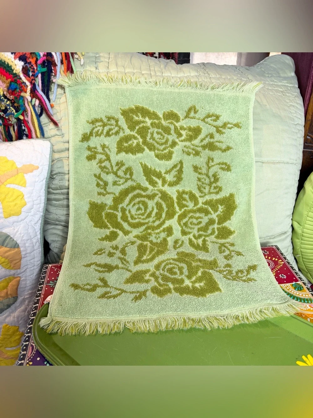 70s Green Rose Hand Towel